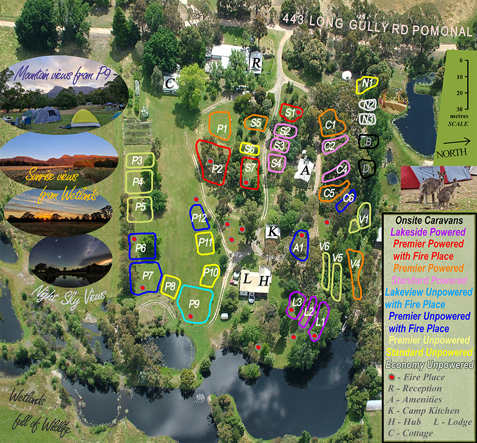 Site Map showing powered and unpowered sites for caravans, motor homes, camper trailors and tents at Grampians Paradise Camping and Caravan Parkland